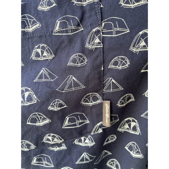 Eddie Bauer Shirt Mens XL Button Up Blue Short Sleeve Camp Tent All Over Print - Picture 2 of 8
